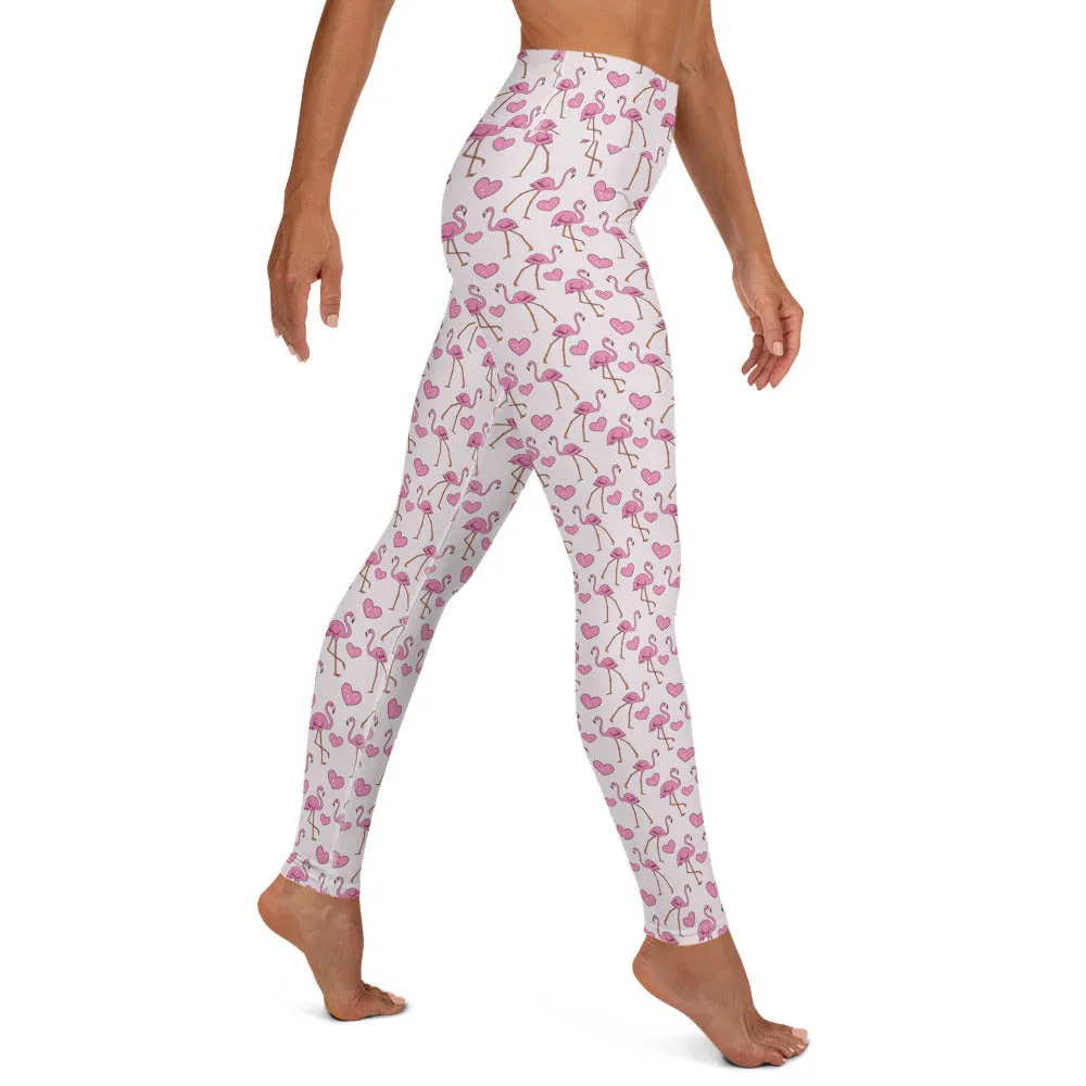 Flamingos and Hearts High-waist Yoga Leggings