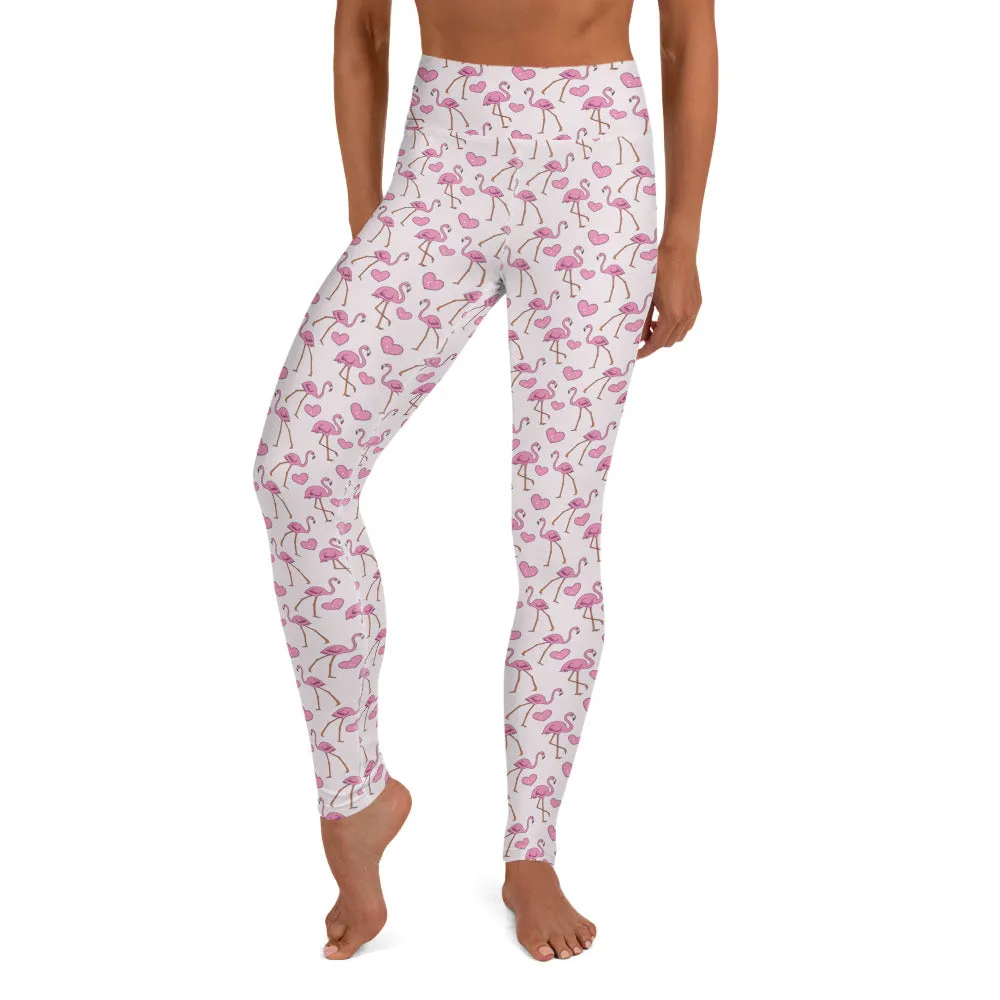Flamingos and Hearts High-waist Yoga Leggings