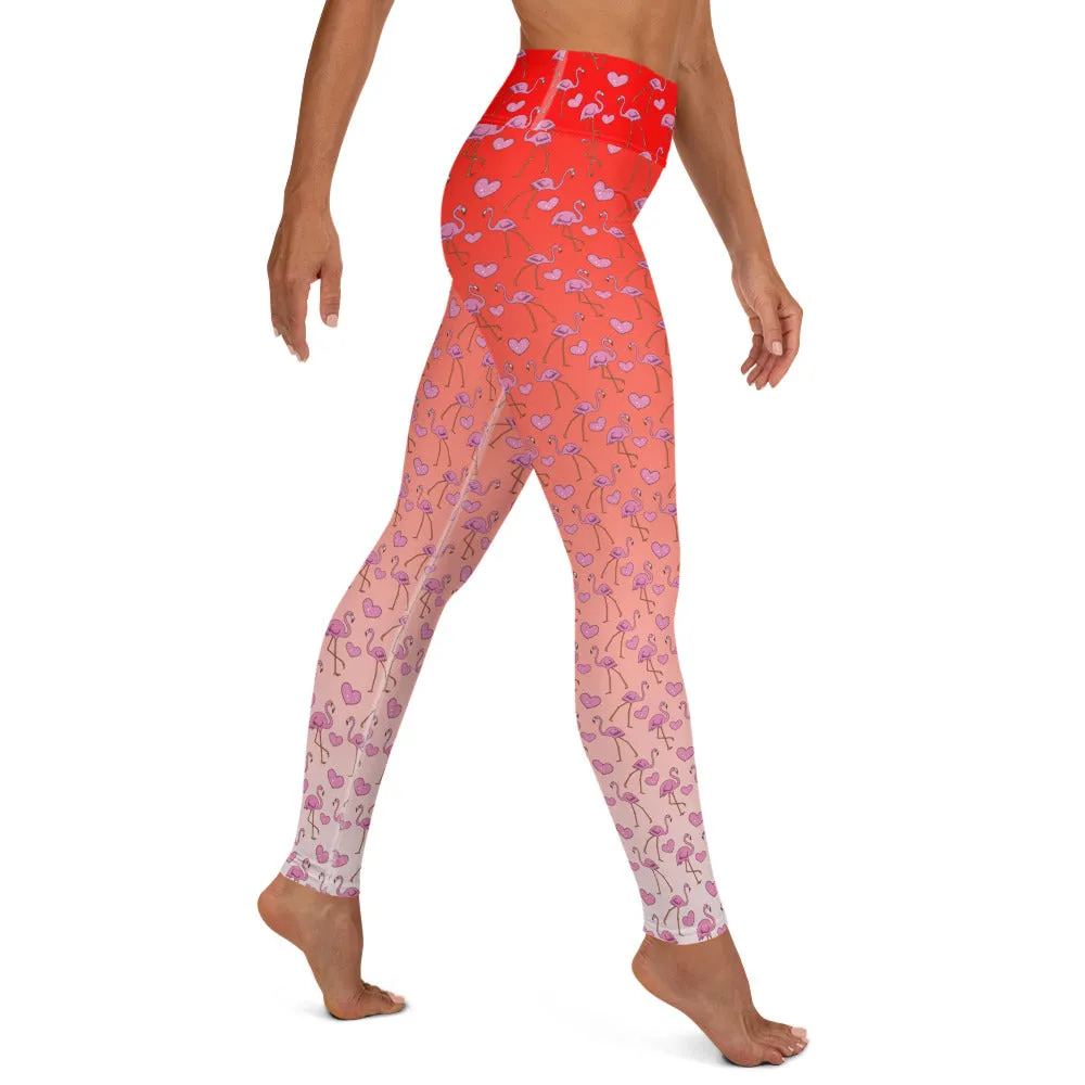 Flamingos and Hearts High-waist Yoga Leggings