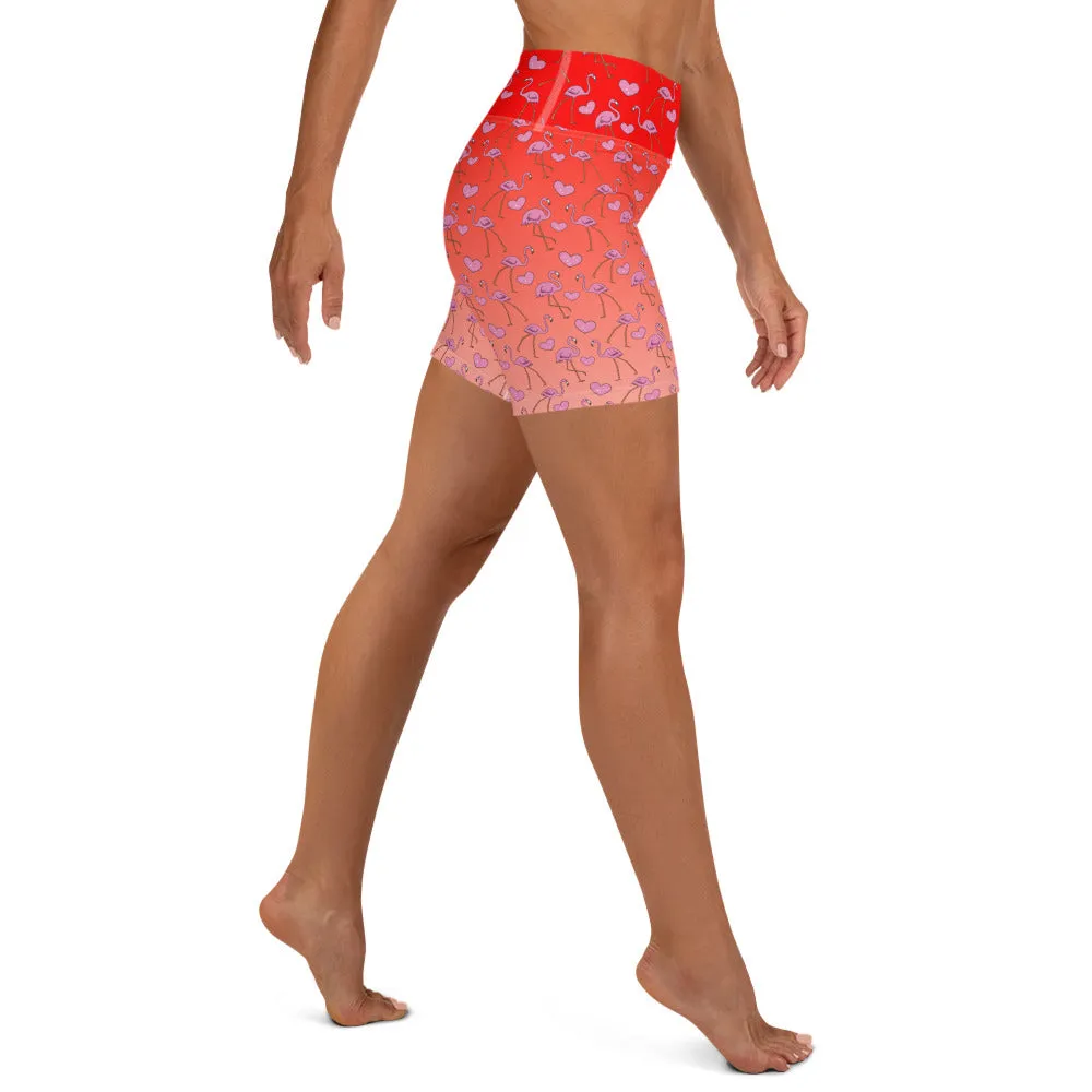Flamingos and Hearts Yoga Shorts