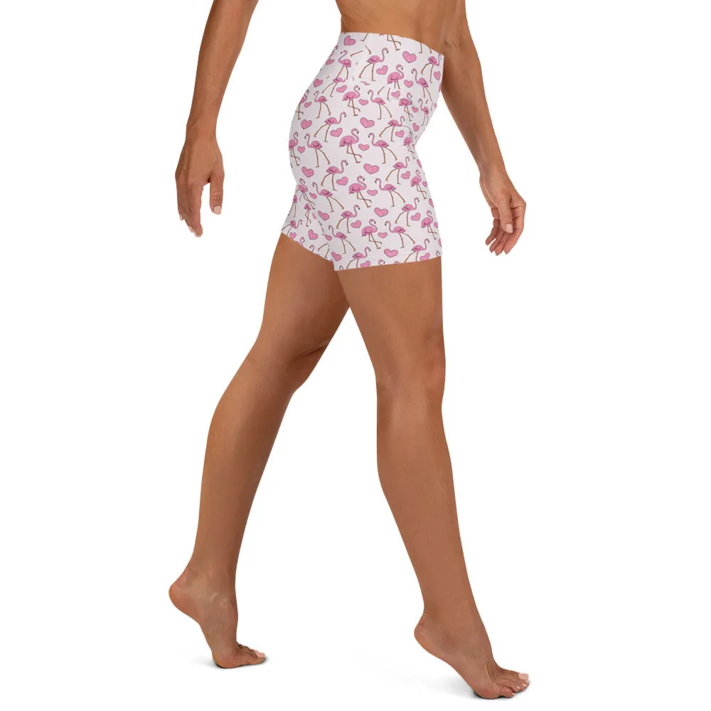 Flamingos and Hearts Yoga Shorts