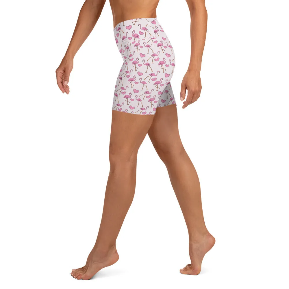 Flamingos and Hearts Yoga Shorts