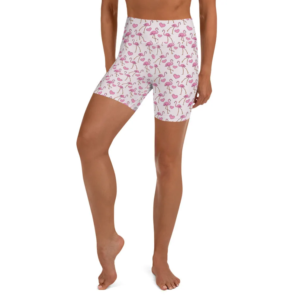 Flamingos and Hearts Yoga Shorts