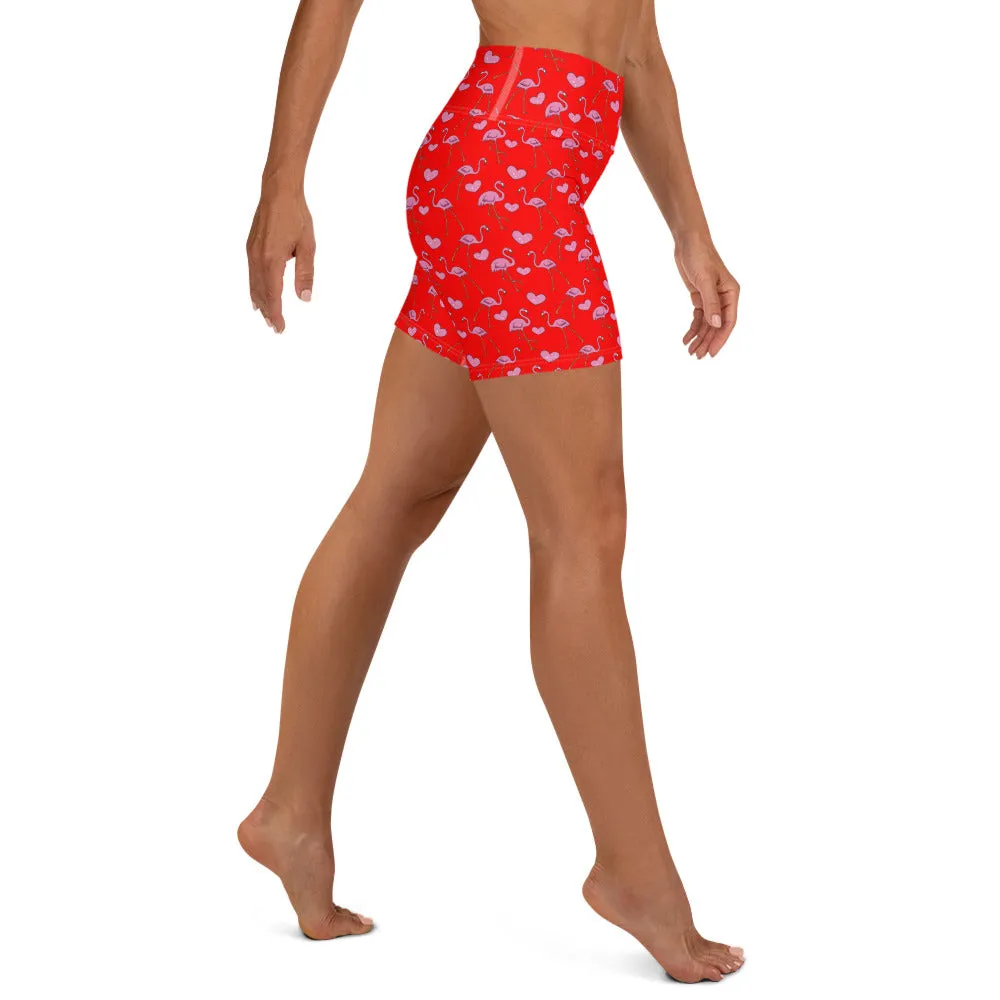 Flamingos and Hearts Yoga Shorts