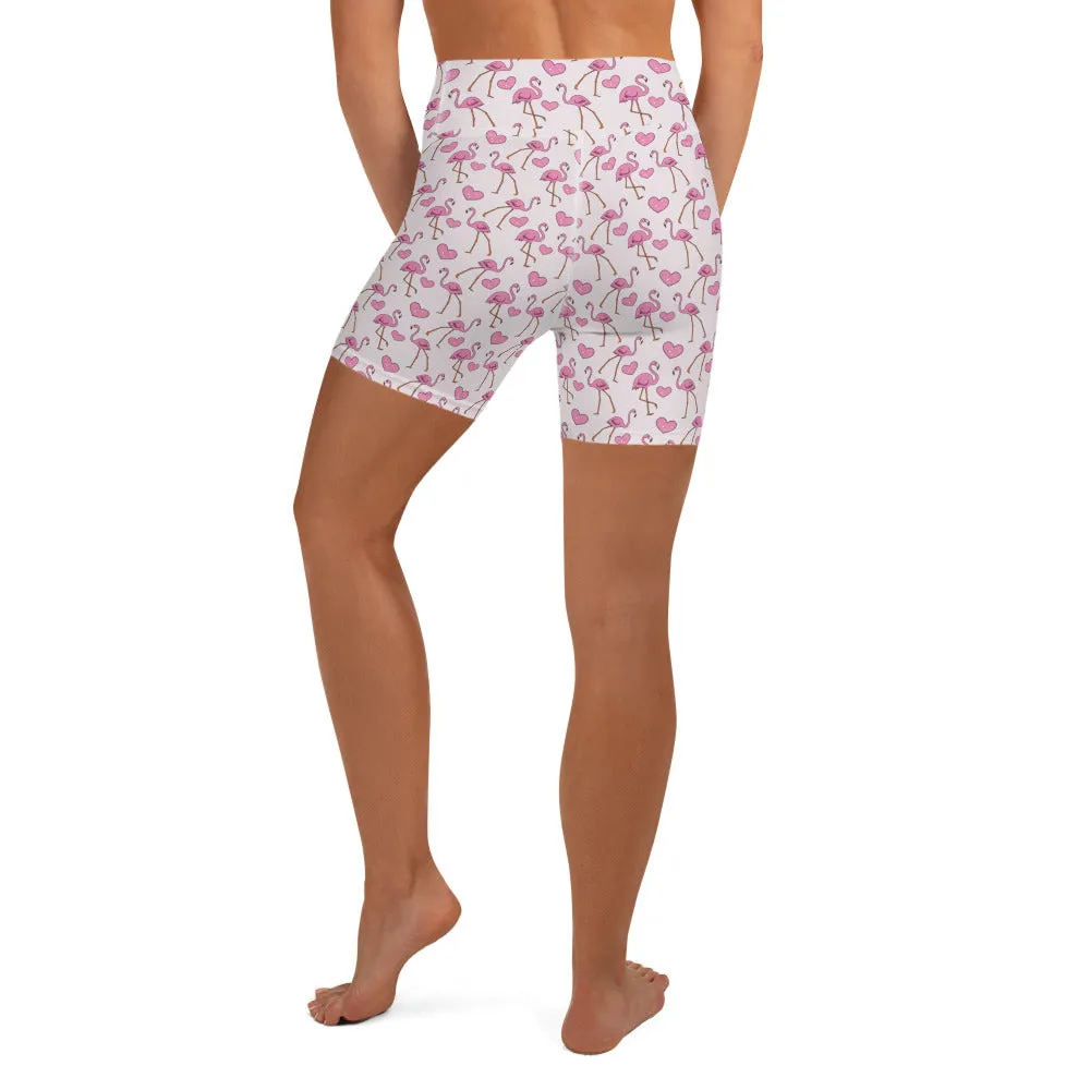 Flamingos and Hearts Yoga Shorts