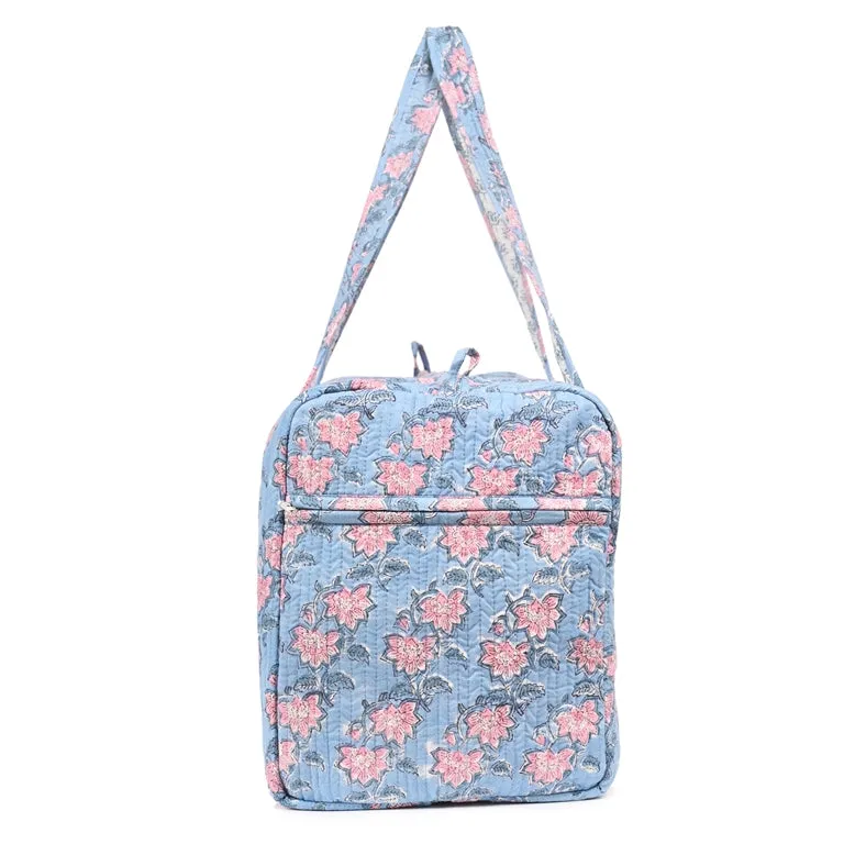 FLOATING WATER LILY IN OCEAN HAND BLOCK PRINTED QUILTED TRAVEL DUFFLE BAG BIG