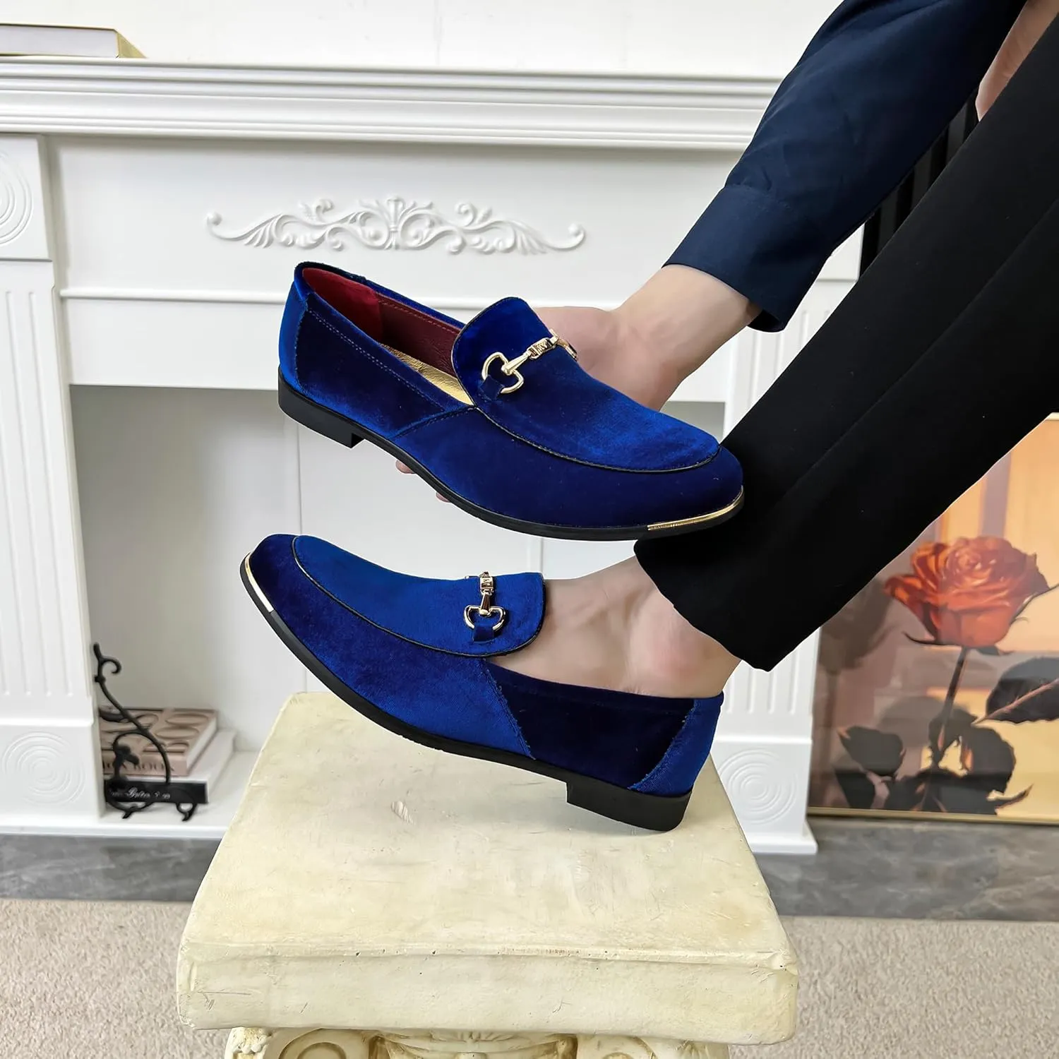 FLQL Men's Luxury Velvet Penny Loafers Shoes Embroidery Suede Dress Loafers Daily Boats Shoes for Party Wedding Prom Size 7-13