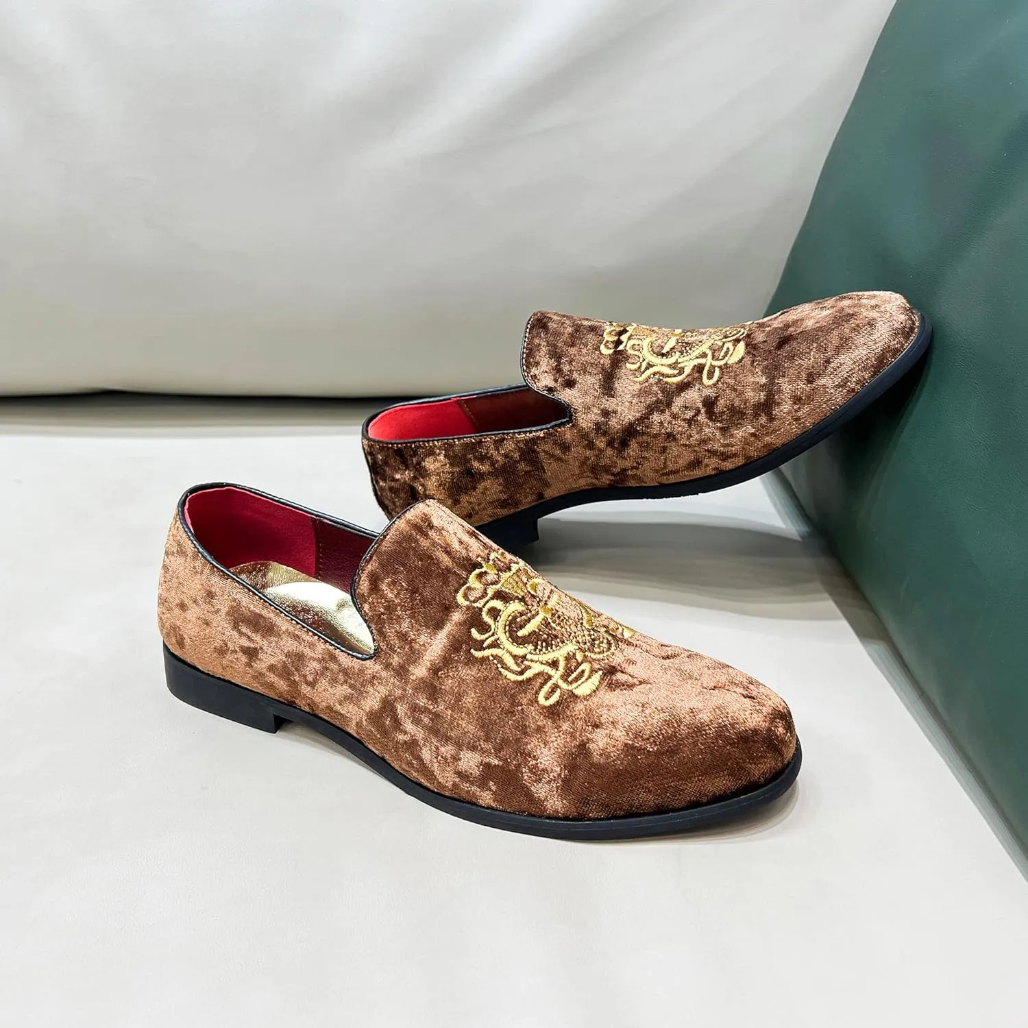 FLQL Men's Luxury Velvet Penny Loafers Shoes Embroidery Suede Dress Loafers Daily Boats Shoes for Party Wedding Prom Size 7-13