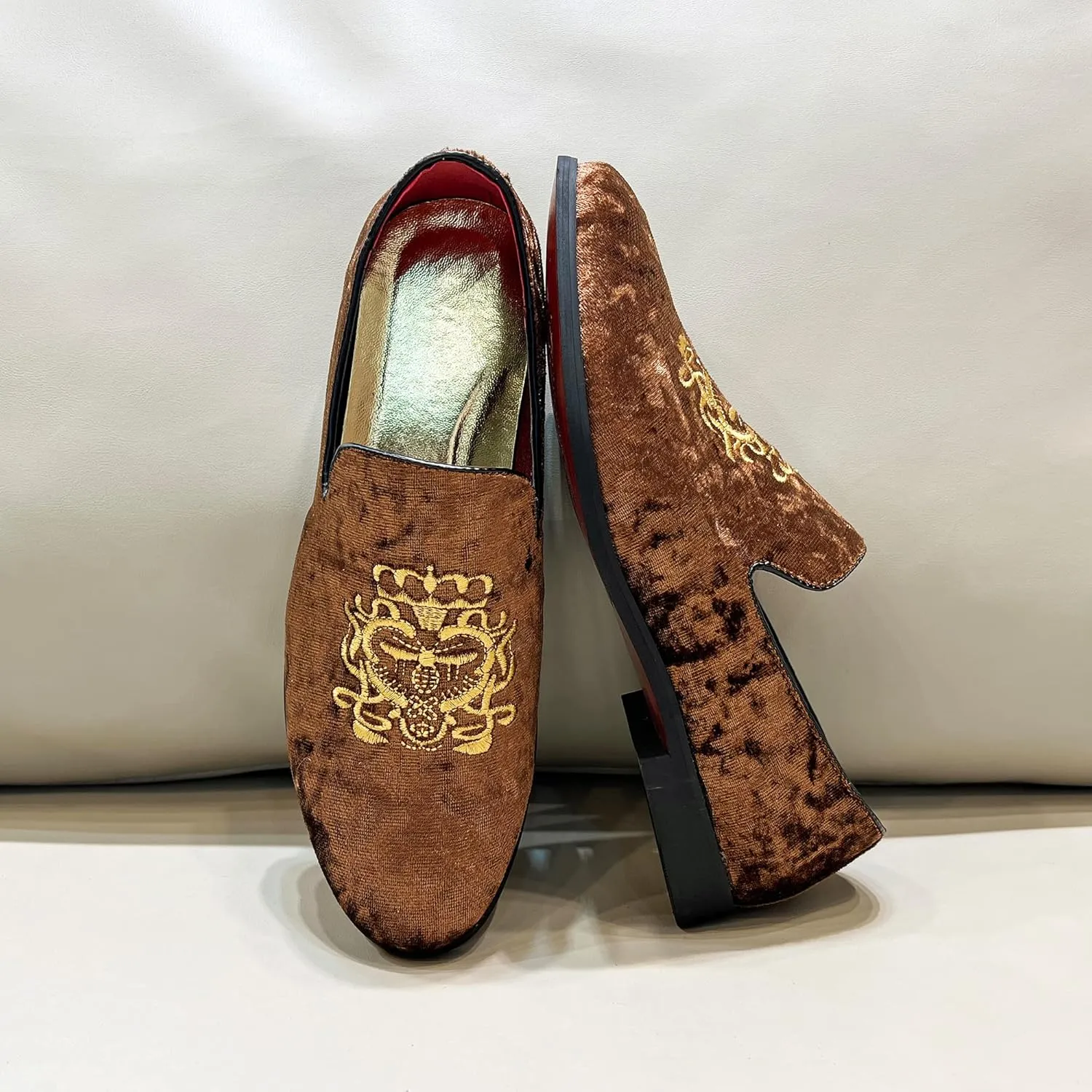 FLQL Men's Luxury Velvet Penny Loafers Shoes Embroidery Suede Dress Loafers Daily Boats Shoes for Party Wedding Prom Size 7-13