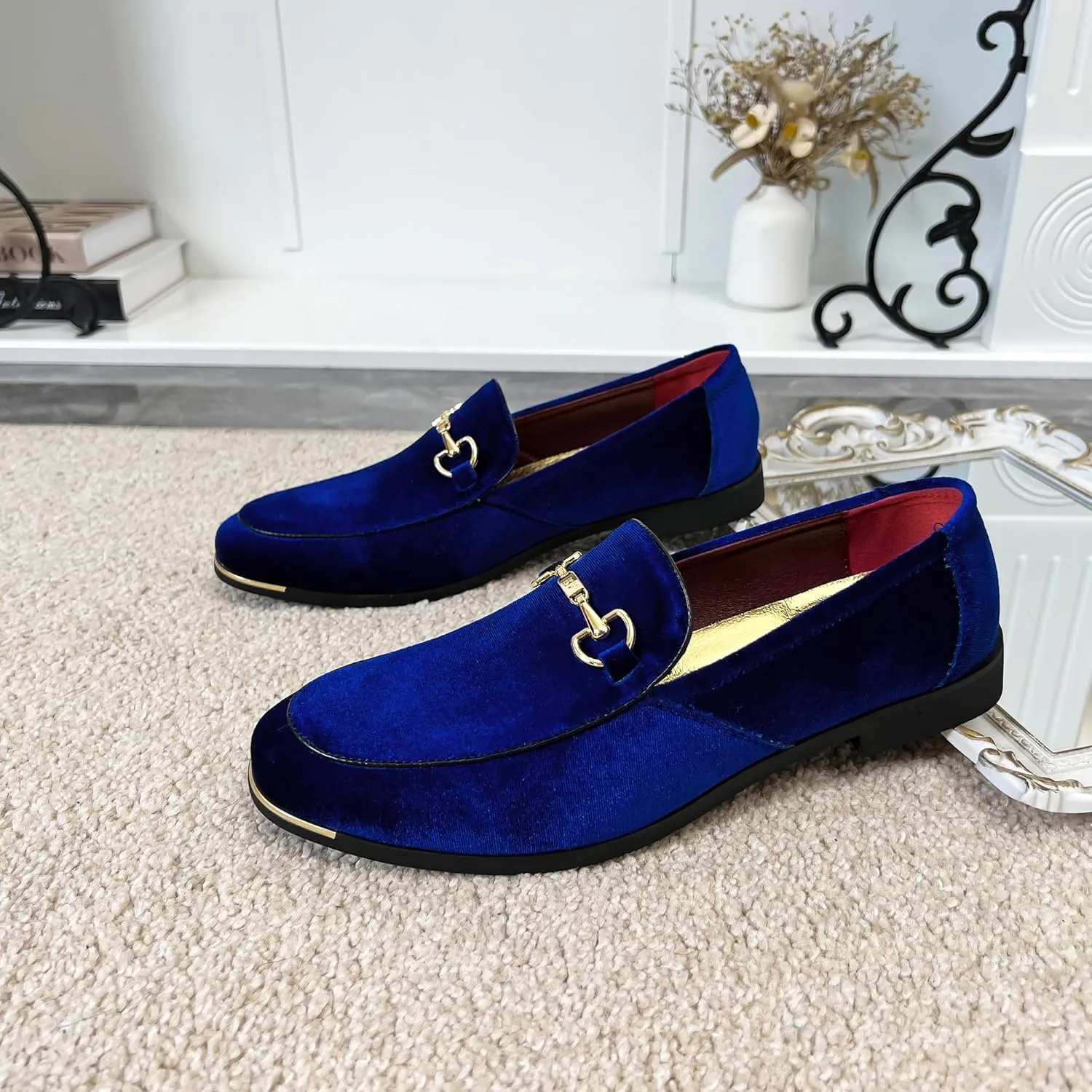 FLQL Men's Luxury Velvet Penny Loafers Shoes Embroidery Suede Dress Loafers Daily Boats Shoes for Party Wedding Prom Size 7-13