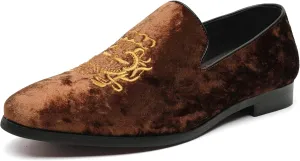 FLQL Men's Luxury Velvet Penny Loafers Shoes Embroidery Suede Dress Loafers Daily Boats Shoes for Party Wedding Prom Size 7-13