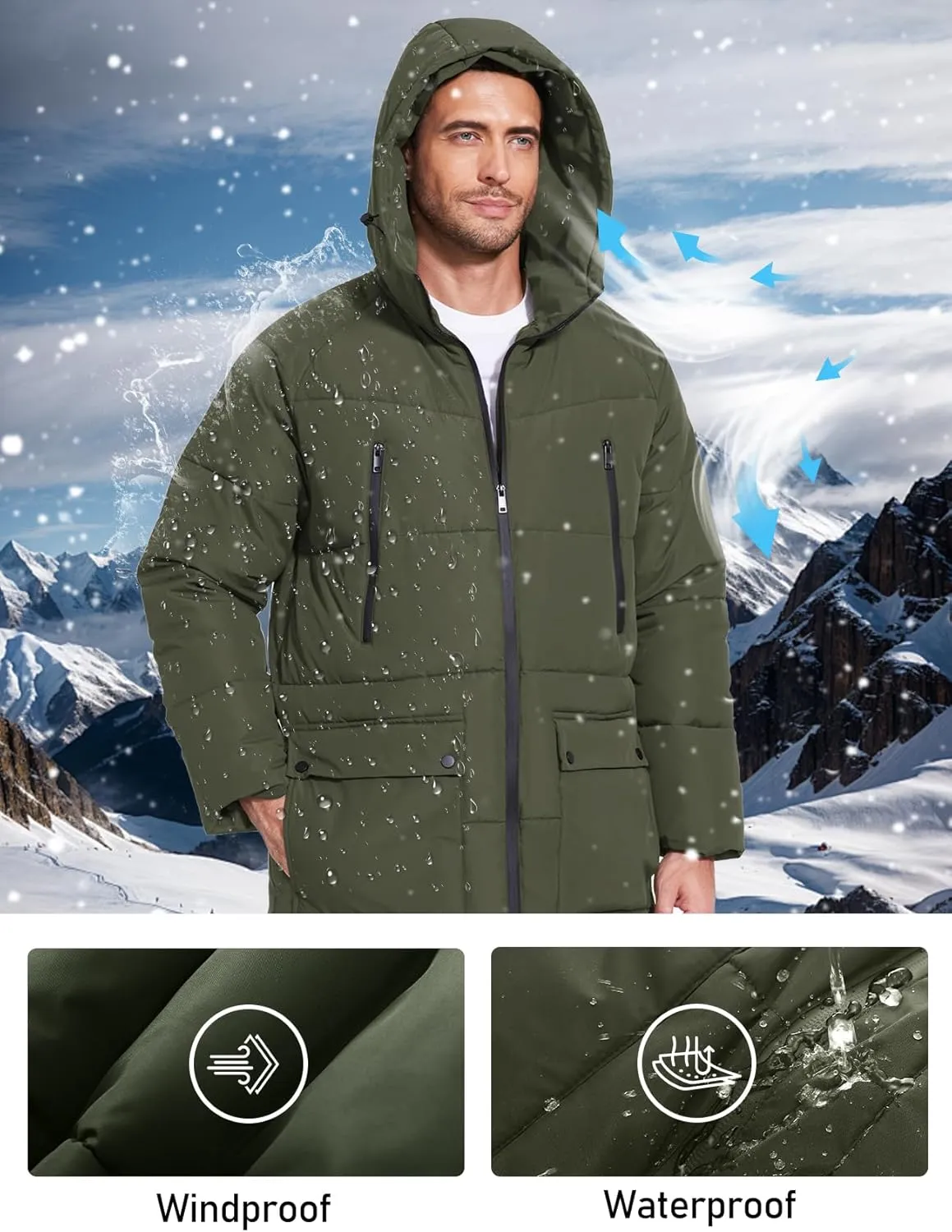 Flygo Men's Long Parka Winter Coats Hooded Puffer Jacket Heavy Warm Water-Resistant Outerwear Cold Weather