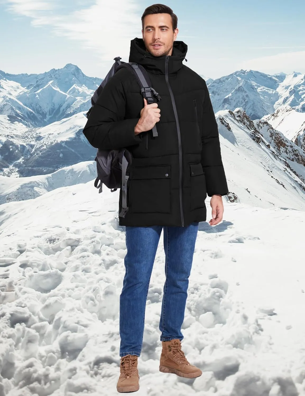 Flygo Men's Long Parka Winter Coats Hooded Puffer Jacket Heavy Warm Water-Resistant Outerwear Cold Weather