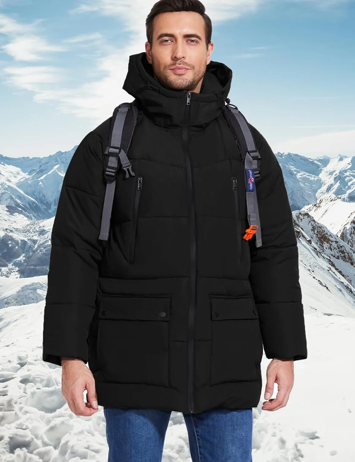 Flygo Men's Long Parka Winter Coats Hooded Puffer Jacket Heavy Warm Water-Resistant Outerwear Cold Weather