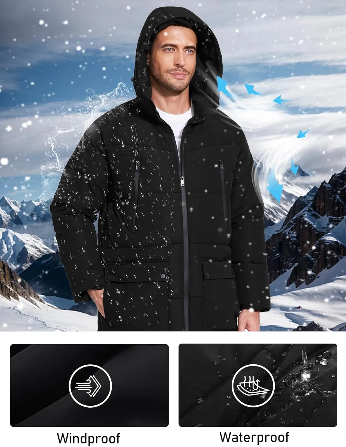 Flygo Men's Long Parka Winter Coats Hooded Puffer Jacket Heavy Warm Water-Resistant Outerwear Cold Weather