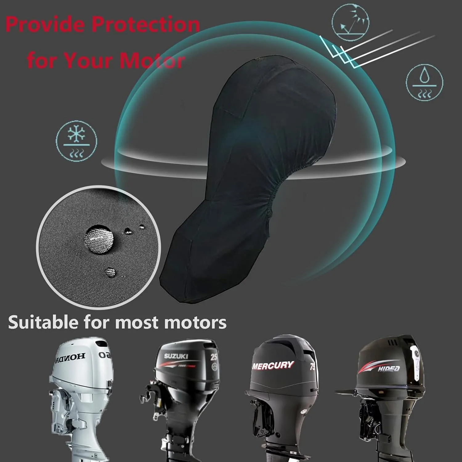 FLYMEI Outboard Motor Cover Fit 150-225 HP Motor, Full Boat Motor Cover Waterproof 600D Heavy Duty Oxford Fabric with PVC Coating, Windproof Outboard Engine Hood Covers with Zipper, Universal, Blue