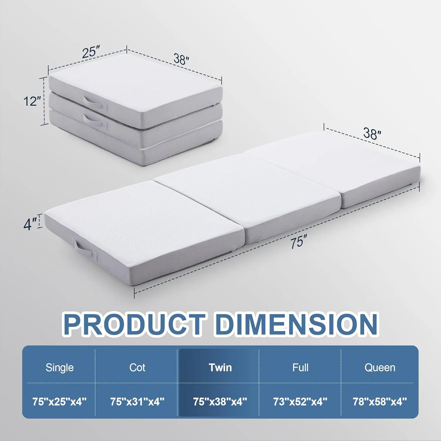 Folding Mattress, Trifold Mattress Twin 4 inch Foldable Mattresses Memory Foam for Travel Camping Floor Guest Bed, Washable Cover with Storage Bag (75"x38"x4")