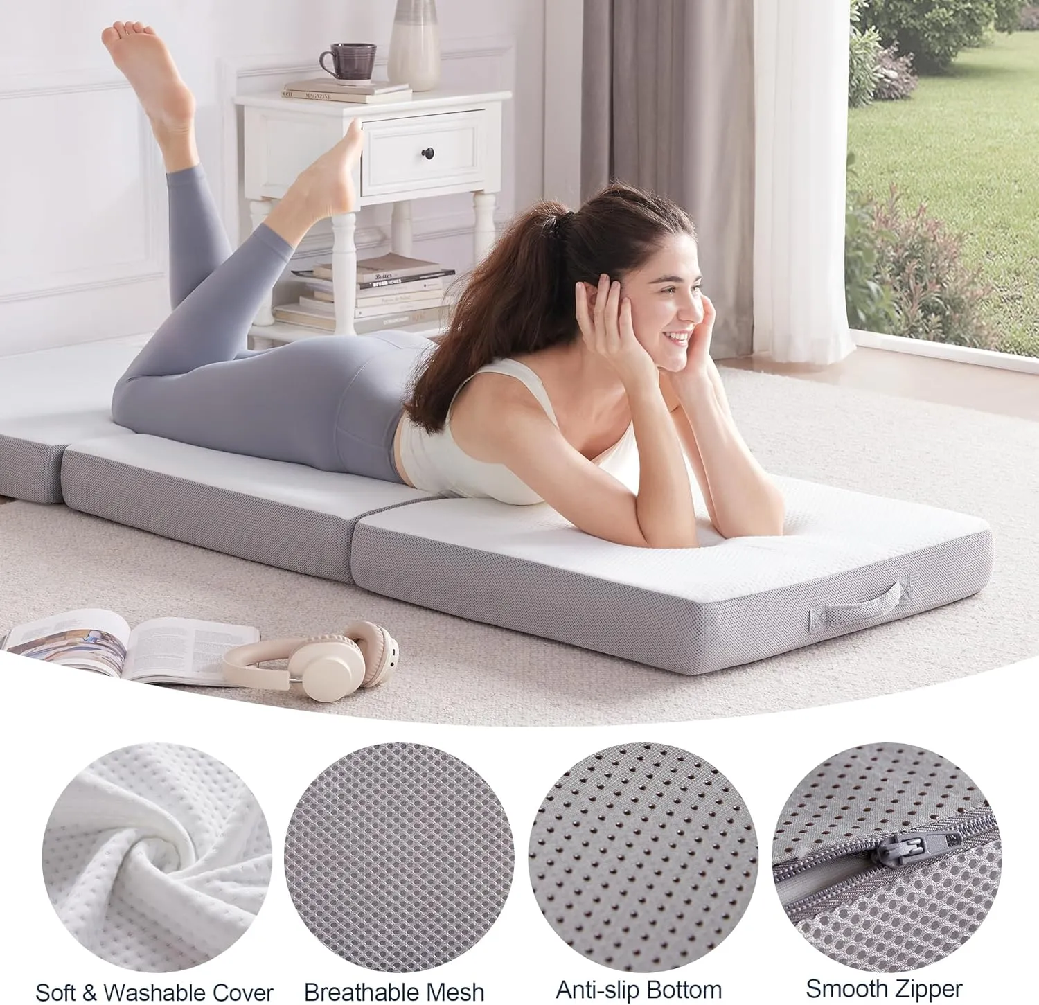 Folding Mattress, Trifold Mattress Twin 4 inch Foldable Mattresses Memory Foam for Travel Camping Floor Guest Bed, Washable Cover with Storage Bag (75"x38"x4")