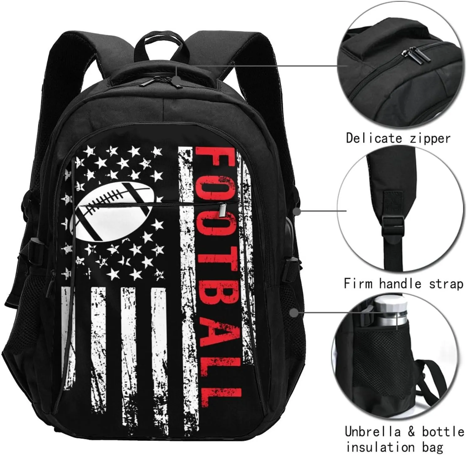 Football American Flag Sport Travel Backpack Laptop Backpacks Business Rucksack Outdoor Daypack Large Sport Bag with Luggage Strap USB Charging Port for Hiking Working