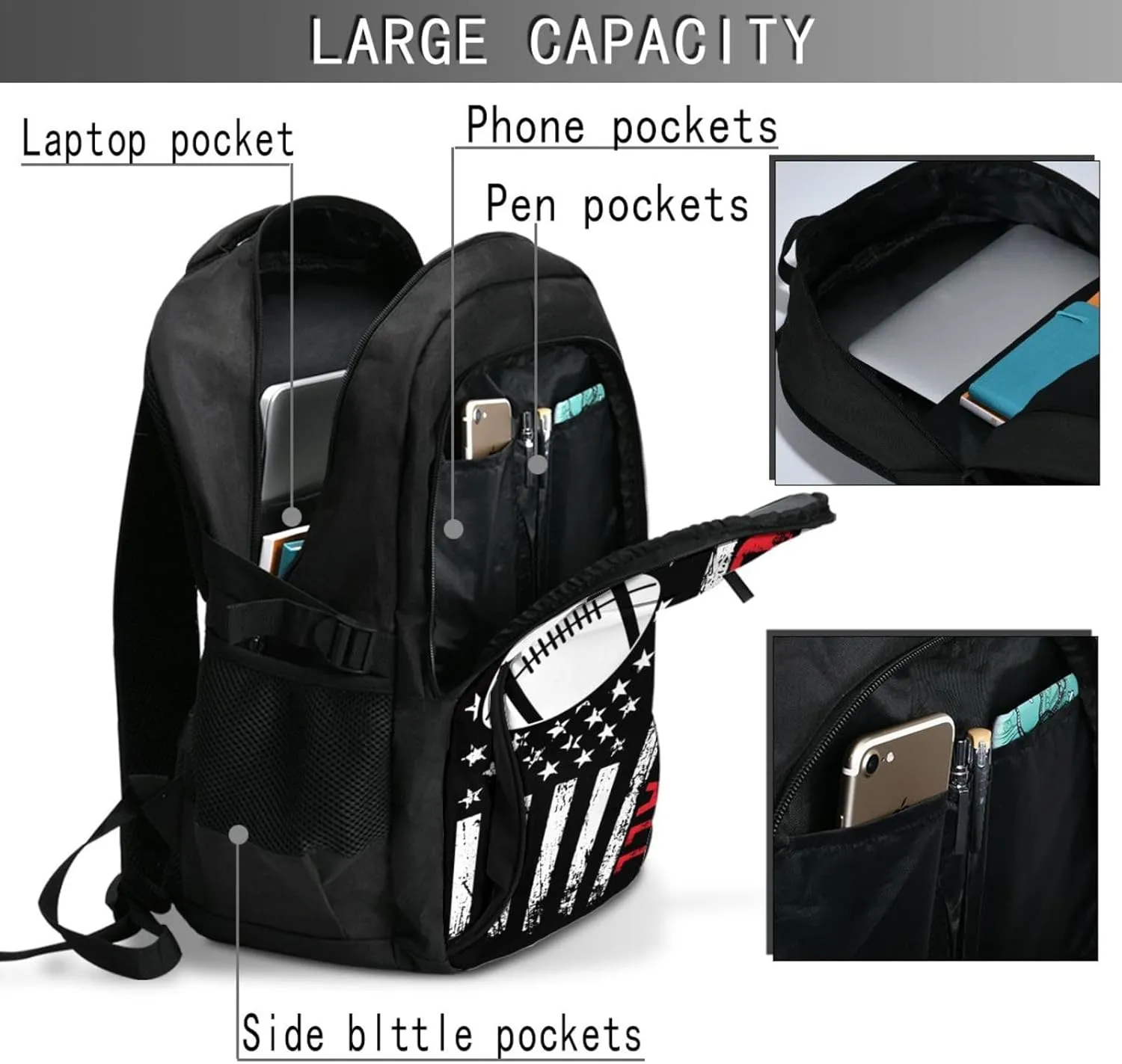 Football American Flag Sport Travel Backpack Laptop Backpacks Business Rucksack Outdoor Daypack Large Sport Bag with Luggage Strap USB Charging Port for Hiking Working
