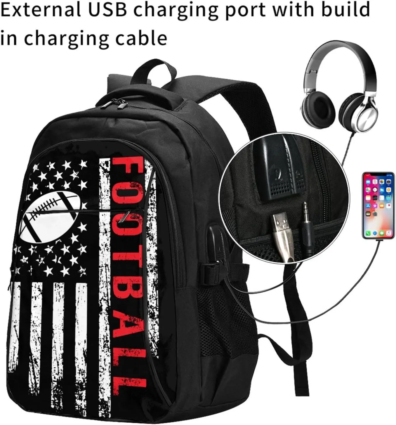 Football American Flag Sport Travel Backpack Laptop Backpacks Business Rucksack Outdoor Daypack Large Sport Bag with Luggage Strap USB Charging Port for Hiking Working