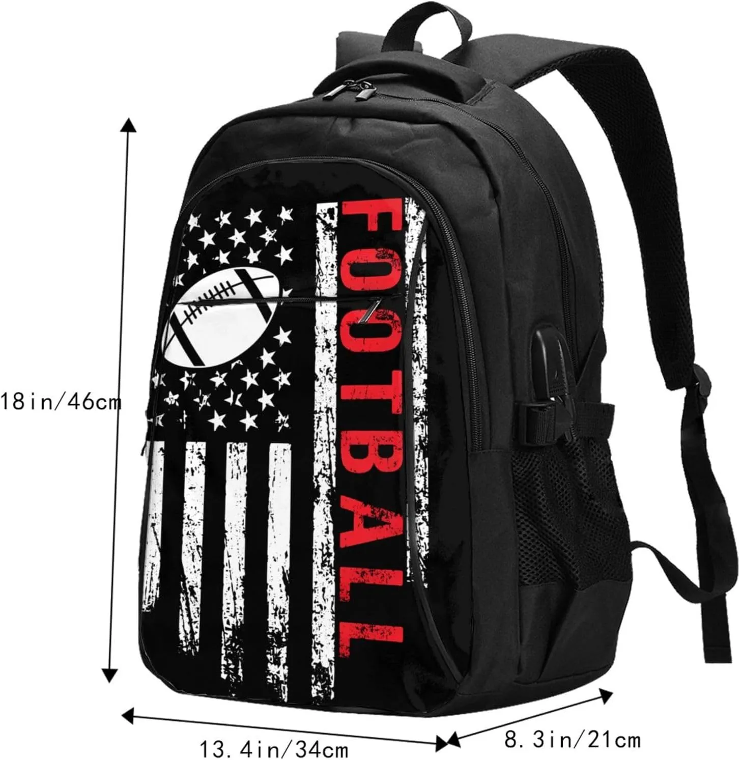 Football American Flag Sport Travel Backpack Laptop Backpacks Business Rucksack Outdoor Daypack Large Sport Bag with Luggage Strap USB Charging Port for Hiking Working