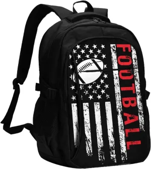 Football American Flag Sport Travel Backpack Laptop Backpacks Business Rucksack Outdoor Daypack Large Sport Bag with Luggage Strap USB Charging Port for Hiking Working