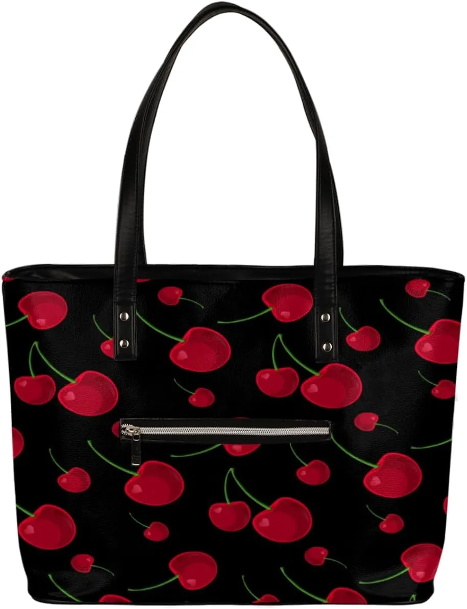 Fruit Cherry Printing Tote Bag Women Shoulder Handbags PU Leather Everyday Bag with External Pocket Large Capacity Aesthetic Corduroy Tote Bag for Travel Work Party