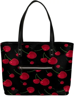 Fruit Cherry Printing Tote Bag Women Shoulder Handbags PU Leather Everyday Bag with External Pocket Large Capacity Aesthetic Corduroy Tote Bag for Travel Work Party