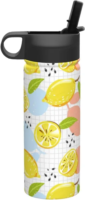 Fruits Lemon Print Flask Stainless Steel Water Bottle with Straw 18OZ FOR Outdoor Gym Commute