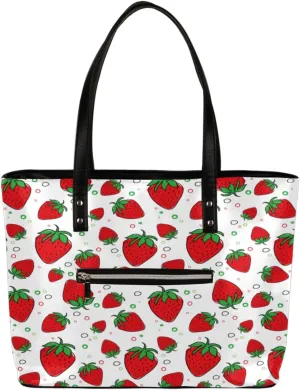 Fruits Strawberry Design Tote Bag Women Shoulder Handbags PU Leather Everyday Bag with External Pocket Large Capacity Aesthetic Corduroy Tote Bag for Travel Work Party