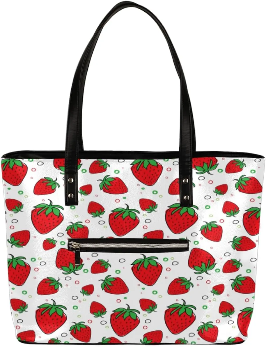 Fruits Strawberry Design Tote Bag Women Shoulder Handbags PU Leather Everyday Bag with External Pocket Large Capacity Aesthetic Corduroy Tote Bag for Travel Work Party