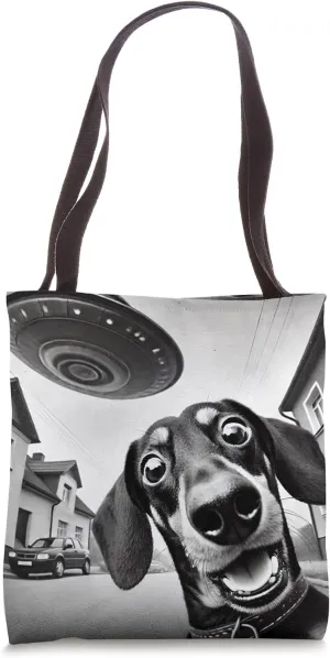 Funny Dachshund Selfie With Alien UFO Frenchie Tote Bag