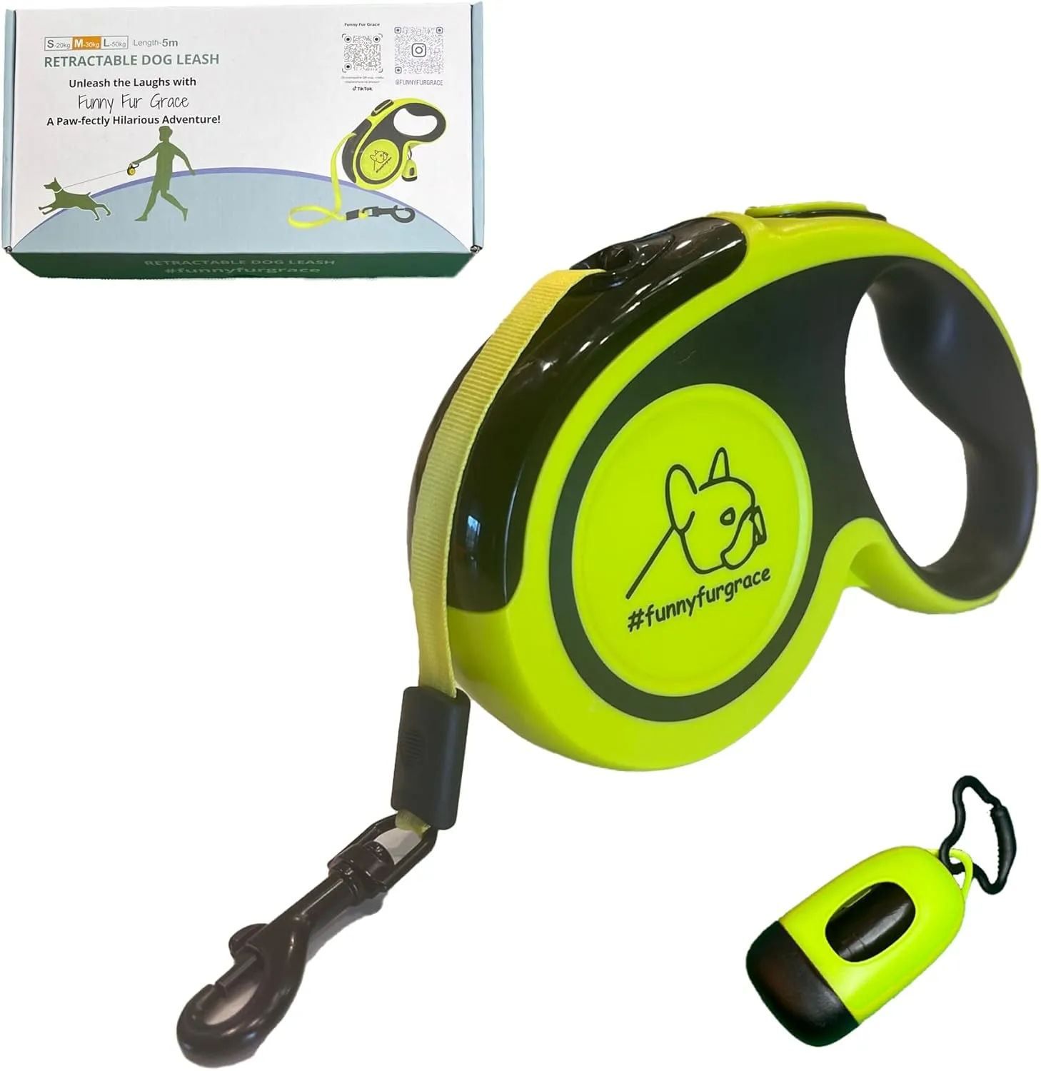 Funny Fur Grace - Ultimate Neon Green Retractable Dog Leash with Poop Bag Dispenser and Anti-Slip Handle - 16ft, Ideal for Medium and Small Dogs - Explore The Outdoors with Comfort #funnyfurgrace