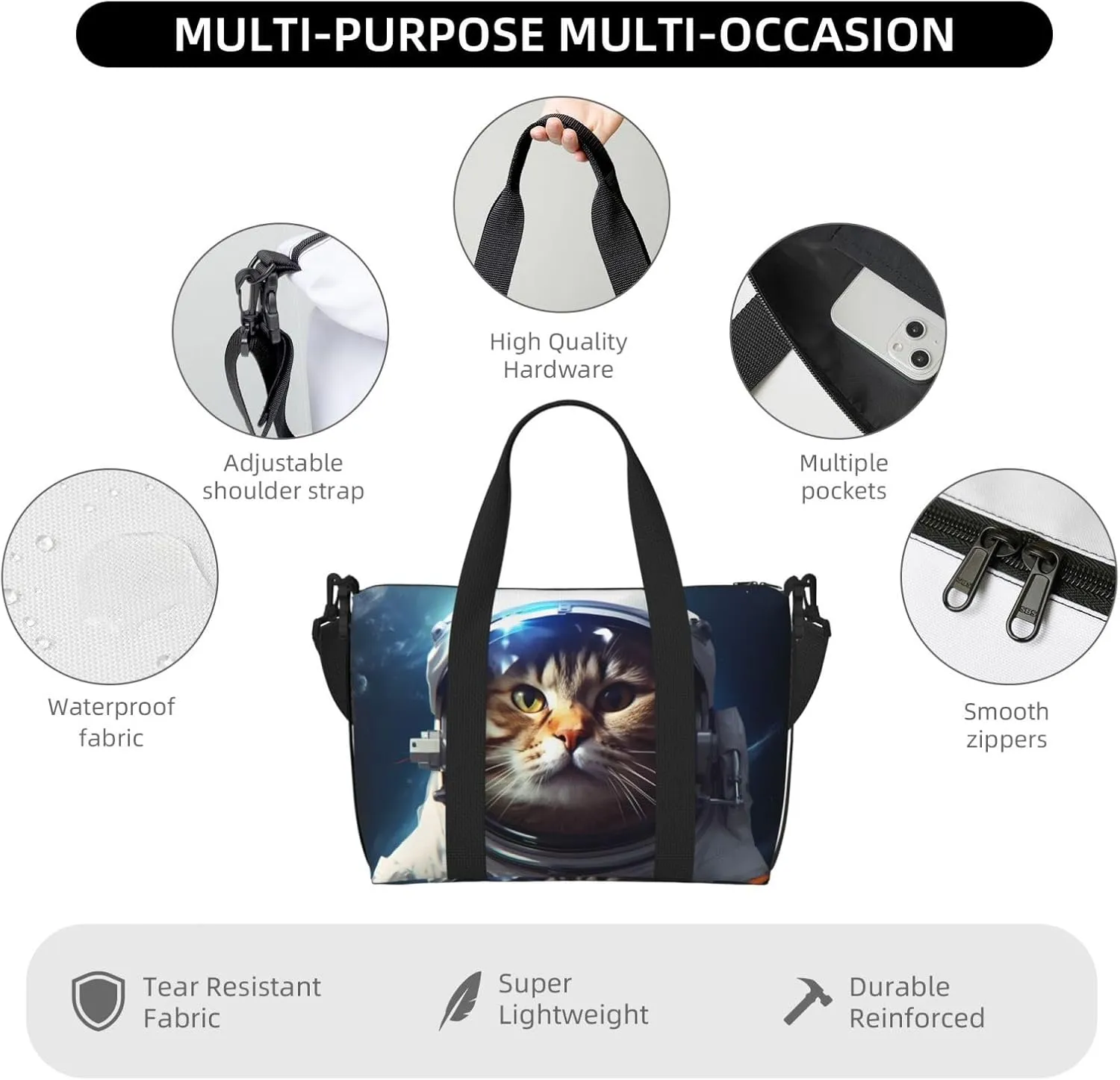 Funny Kitten Cat Travel Duffel Bags for Women Men, Sports Training Gym Bag Dance Bag with Adjustable Shoulder Strap Outer Space Weekender Overnight Bag