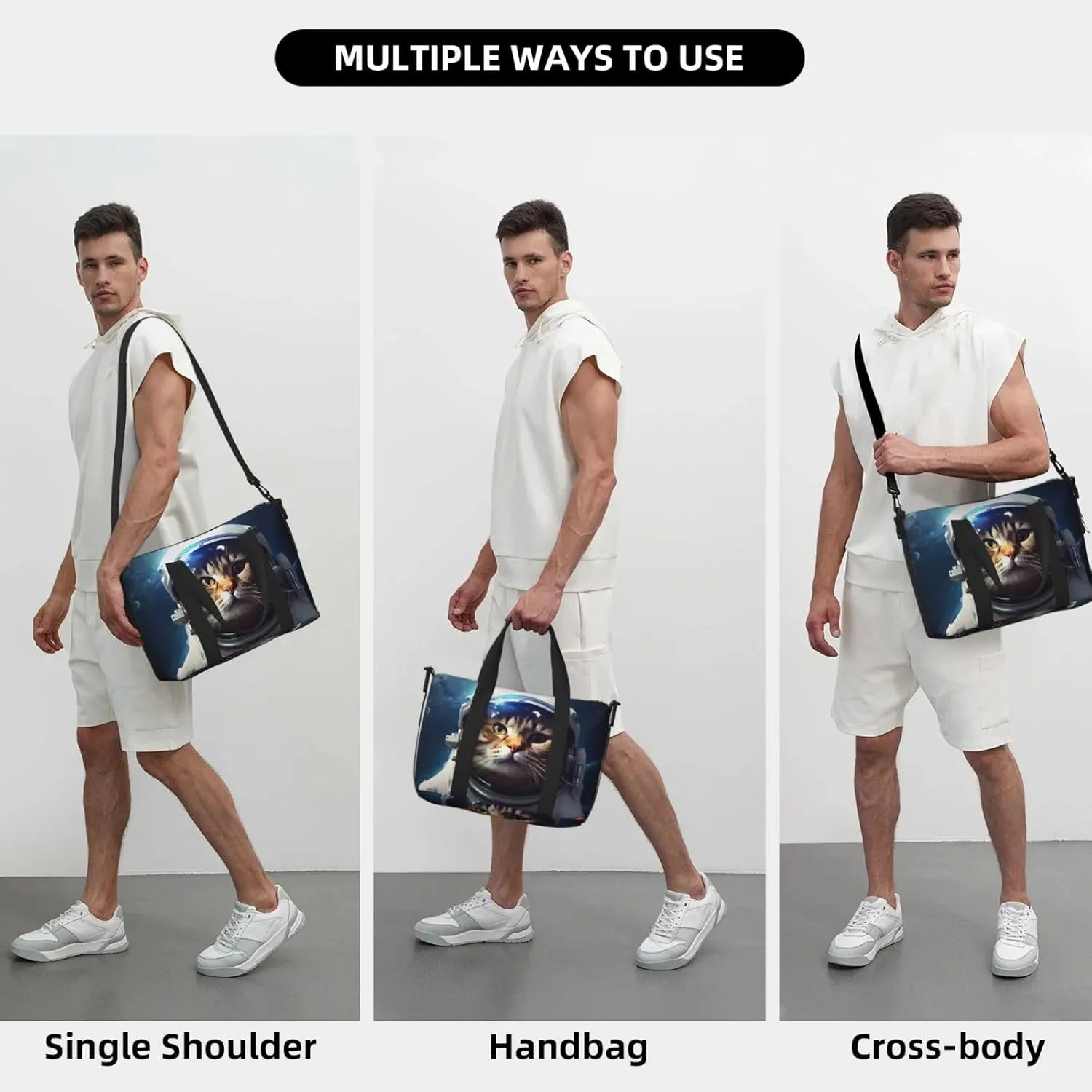 Funny Kitten Cat Travel Duffel Bags for Women Men, Sports Training Gym Bag Dance Bag with Adjustable Shoulder Strap Outer Space Weekender Overnight Bag