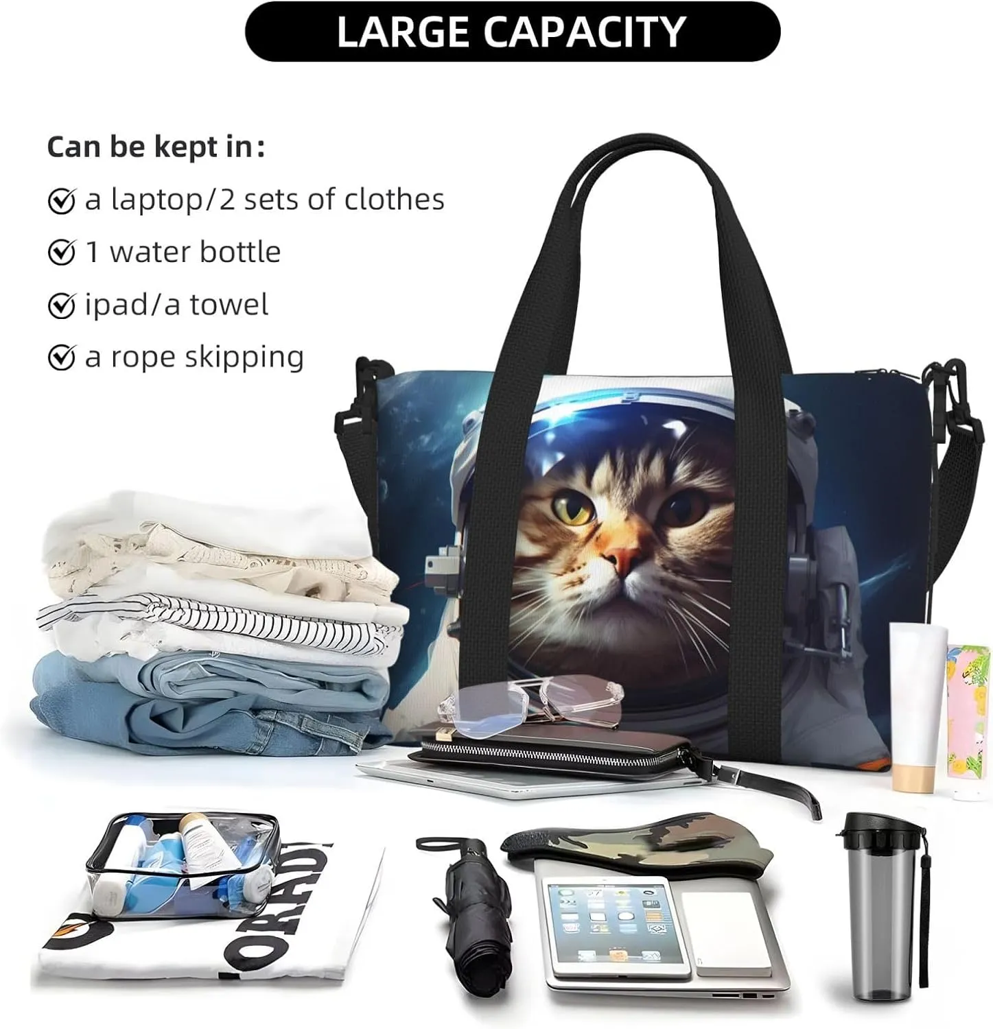 Funny Kitten Cat Travel Duffel Bags for Women Men, Sports Training Gym Bag Dance Bag with Adjustable Shoulder Strap Outer Space Weekender Overnight Bag