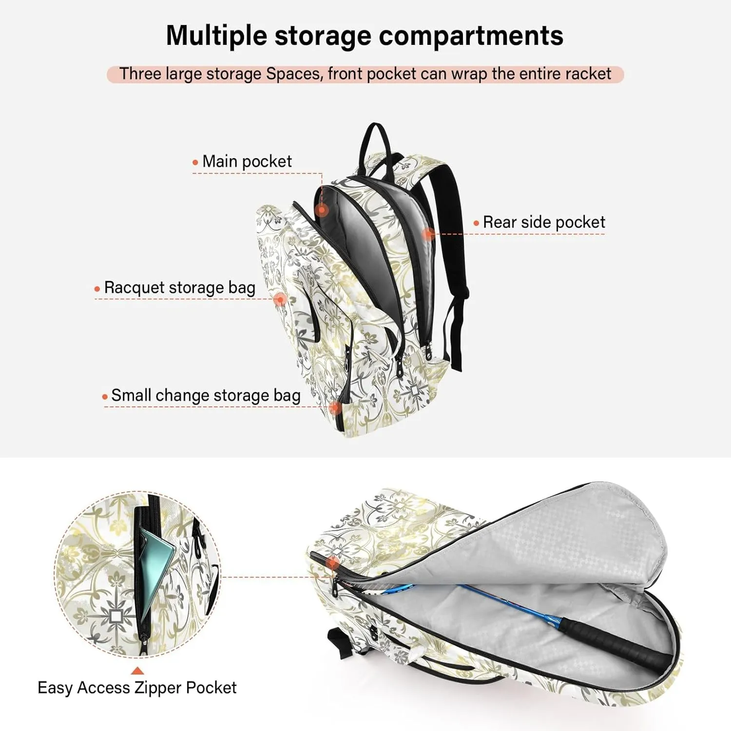 GAIGEO Cool Soccer Graffiti Pickleball Backpack, Multiple Storage Compartments Tennis Racket Backpack, Foldable Pocket