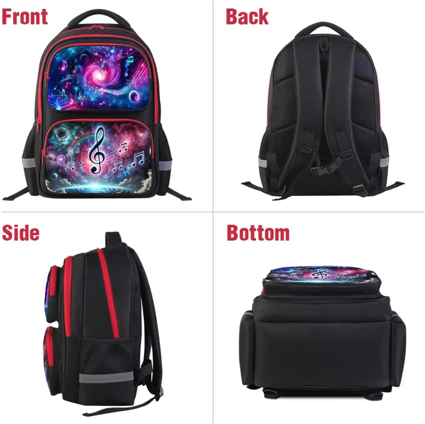 Galaxy Music Backpack for Boys and Girls, 17" Kids School Bag with Space and Musical Notes Design, Adjustable Straps Bookbag for Elementary and Middle School, Ages 6–18