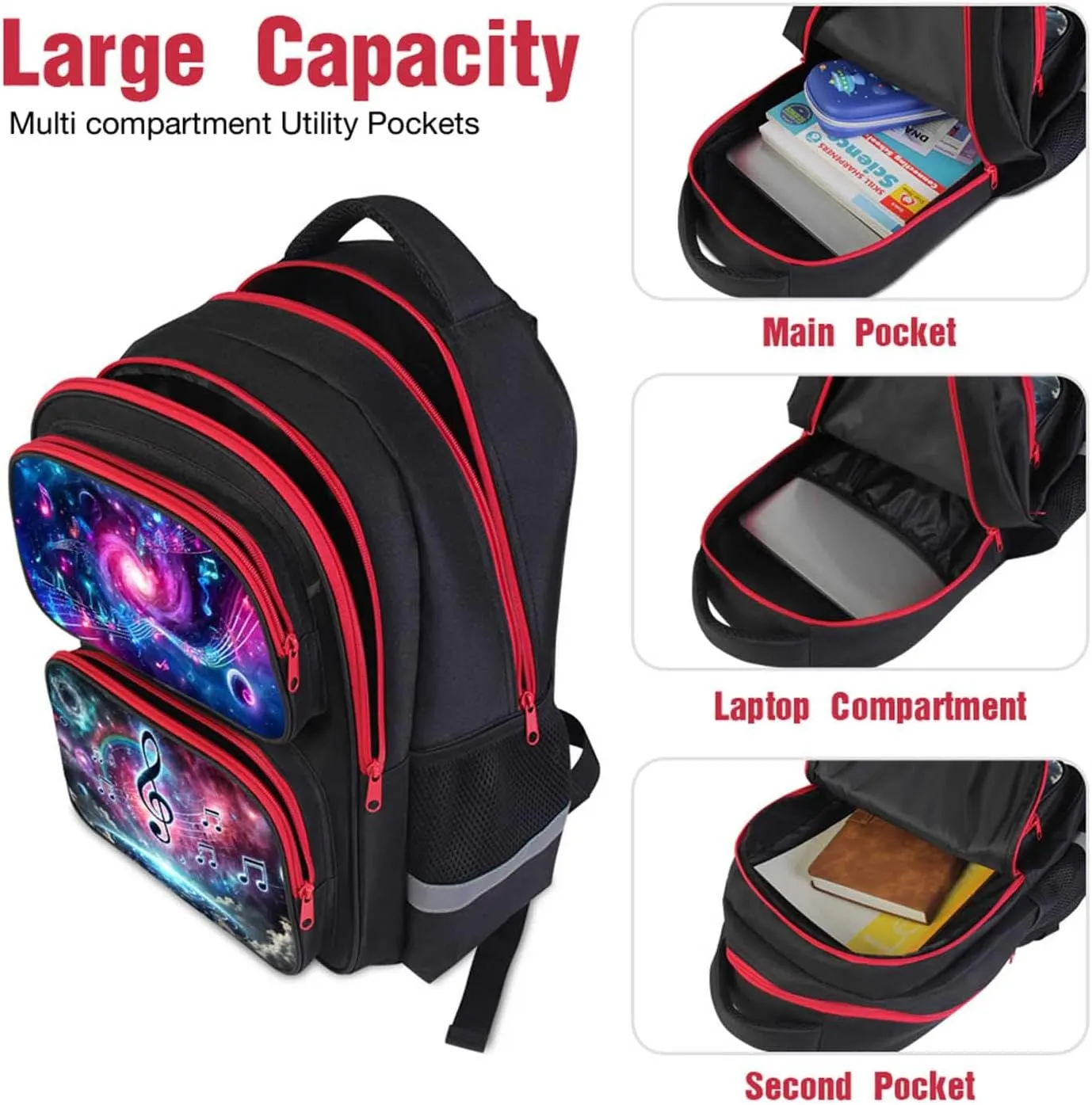 Galaxy Music Backpack for Boys and Girls, 17" Kids School Bag with Space and Musical Notes Design, Adjustable Straps Bookbag for Elementary and Middle School, Ages 6–18