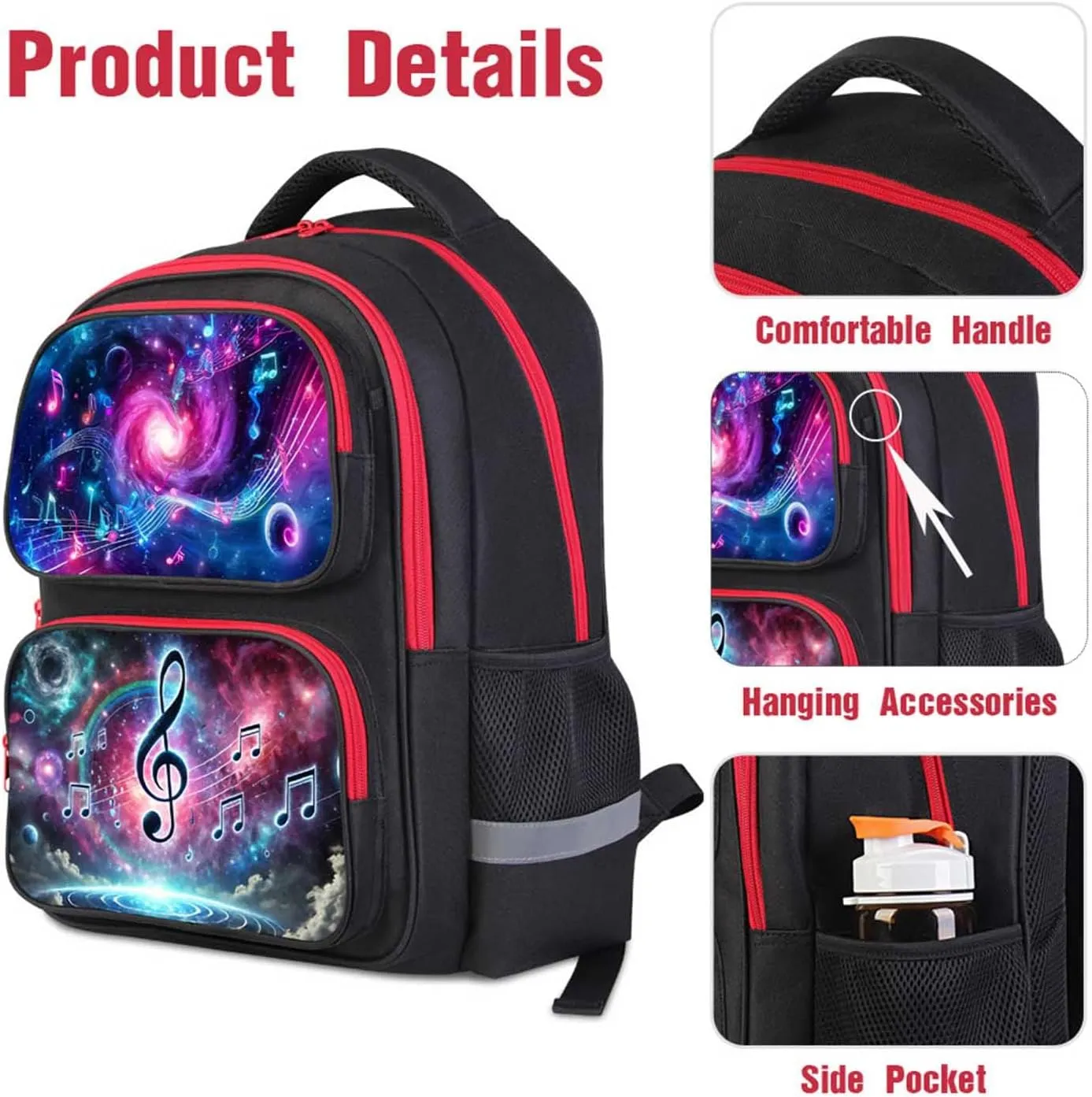 Galaxy Music Backpack for Boys and Girls, 17" Kids School Bag with Space and Musical Notes Design, Adjustable Straps Bookbag for Elementary and Middle School, Ages 6–18
