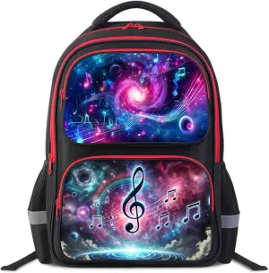 Galaxy Music Backpack for Boys and Girls, 17" Kids School Bag with Space and Musical Notes Design, Adjustable Straps Bookbag for Elementary and Middle School, Ages 6–18