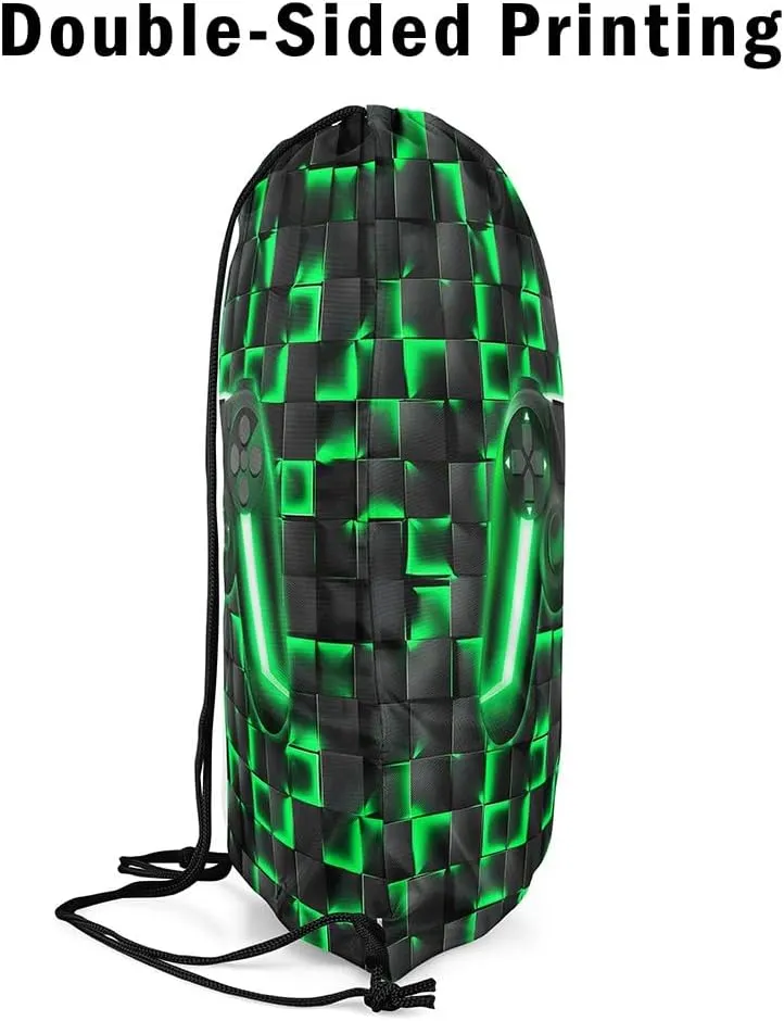 Gamer Drawstring Backpack 13x15.7,3D Geometric Gaming String Bag,Neon Ombre Checkered Game Console Reversible Sackpack for Sport Gym Swim Yoga Camping,Black Green