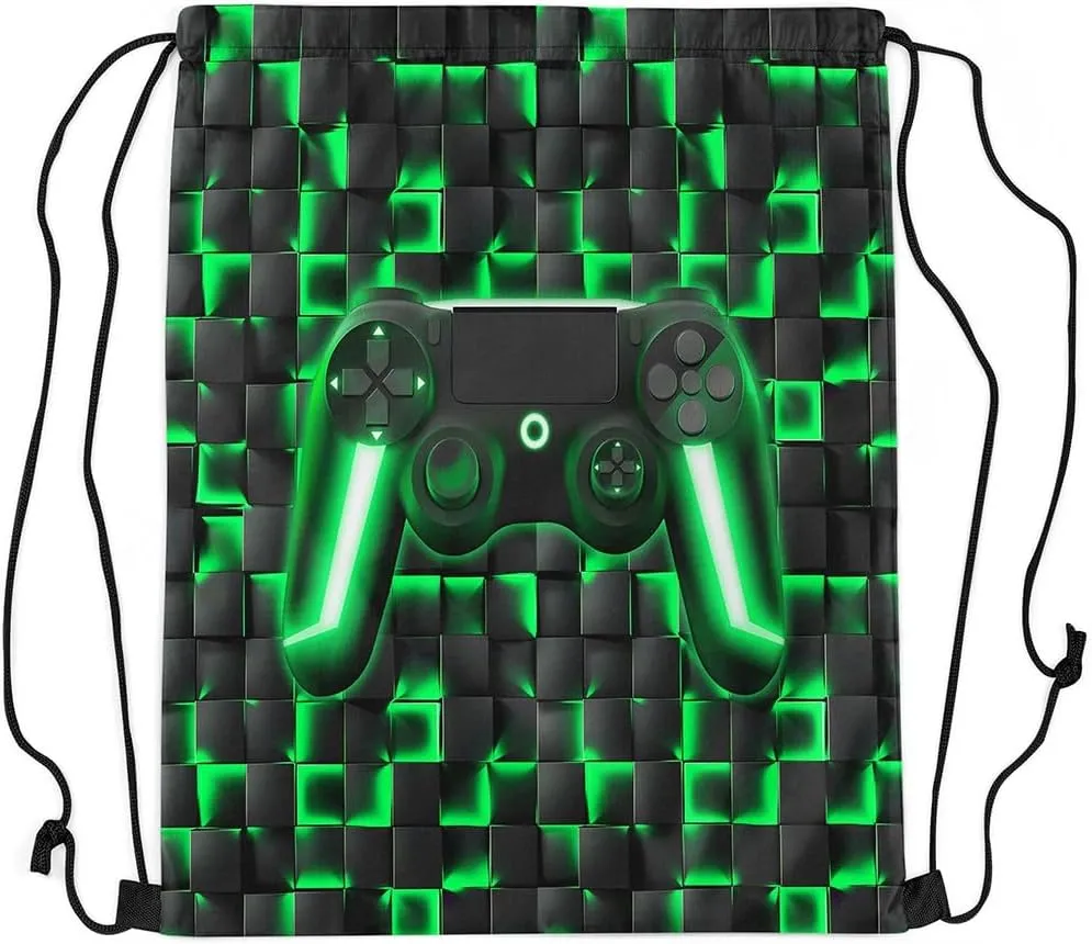 Gamer Drawstring Backpack 13x15.7,3D Geometric Gaming String Bag,Neon Ombre Checkered Game Console Reversible Sackpack for Sport Gym Swim Yoga Camping,Black Green