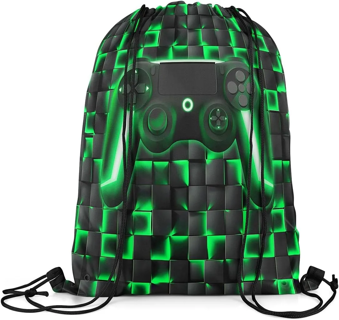 Gamer Drawstring Backpack 13x15.7,3D Geometric Gaming String Bag,Neon Ombre Checkered Game Console Reversible Sackpack for Sport Gym Swim Yoga Camping,Black Green