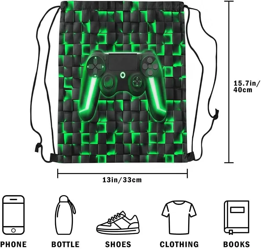 Gamer Drawstring Backpack 13x15.7,3D Geometric Gaming String Bag,Neon Ombre Checkered Game Console Reversible Sackpack for Sport Gym Swim Yoga Camping,Black Green