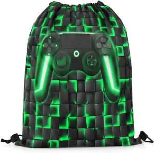 Gamer Drawstring Backpack 13x15.7,3D Geometric Gaming String Bag,Neon Ombre Checkered Game Console Reversible Sackpack for Sport Gym Swim Yoga Camping,Black Green