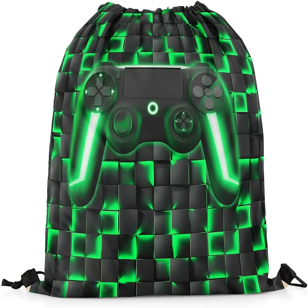Gamer Drawstring Backpack 13x15.7,3D Geometric Gaming String Bag,Neon Ombre Checkered Game Console Reversible Sackpack for Sport Gym Swim Yoga Camping,Black Green