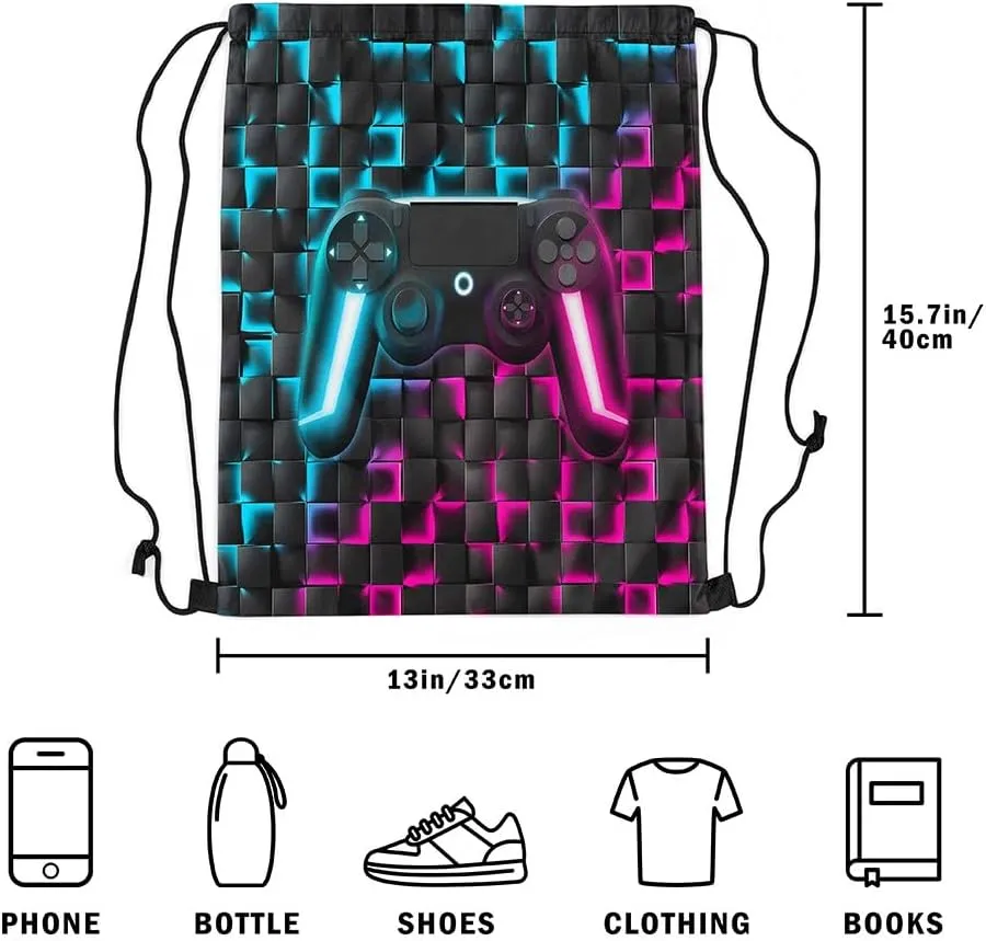 Gamer Drawstring Backpack 13x15.7,Gaming String Bag,Neon Lights Ombre Checkered Video Games 3D Geometric Game Console Reversible Sackpack for Dining,Blue Purple