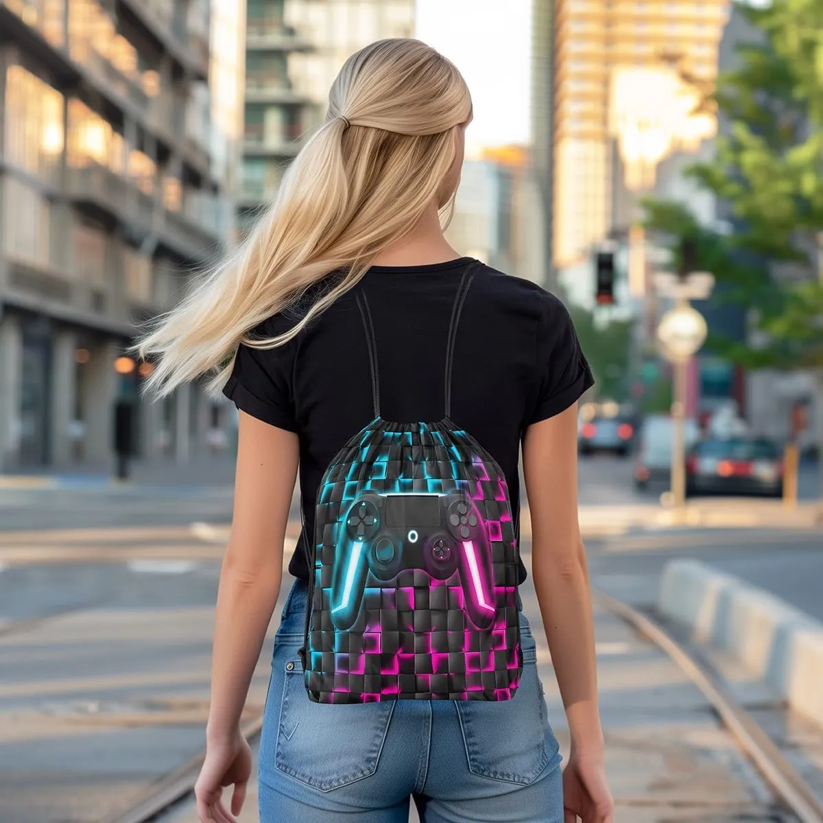 Gamer Drawstring Backpack 13x15.7,Gaming String Bag,Neon Lights Ombre Checkered Video Games 3D Geometric Game Console Reversible Sackpack for Dining,Blue Purple